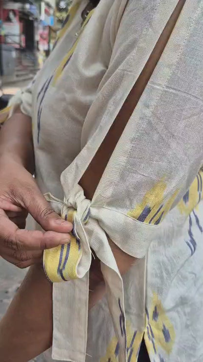 Off White Cotton Ikat Sleeved Short Top