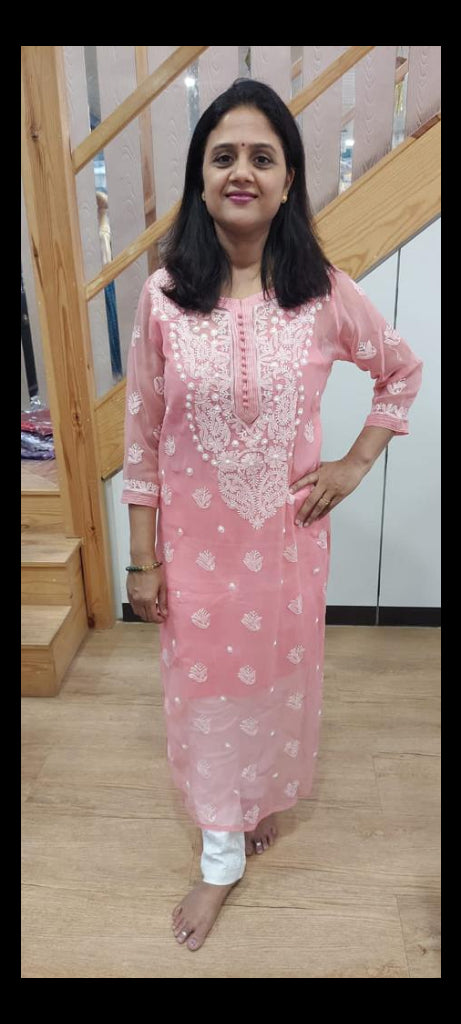 Peach Georgette Chikankari Long Kurta