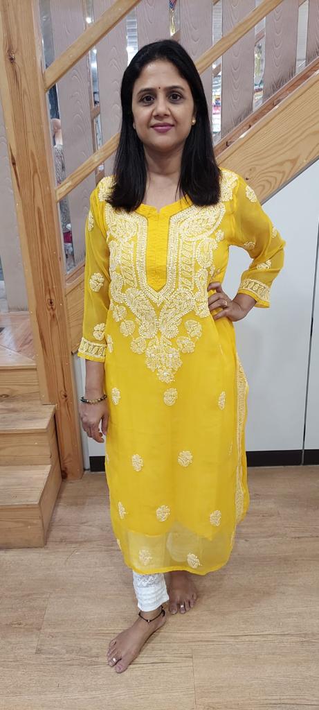 Yellow Cotton Chikankari Long Kurta