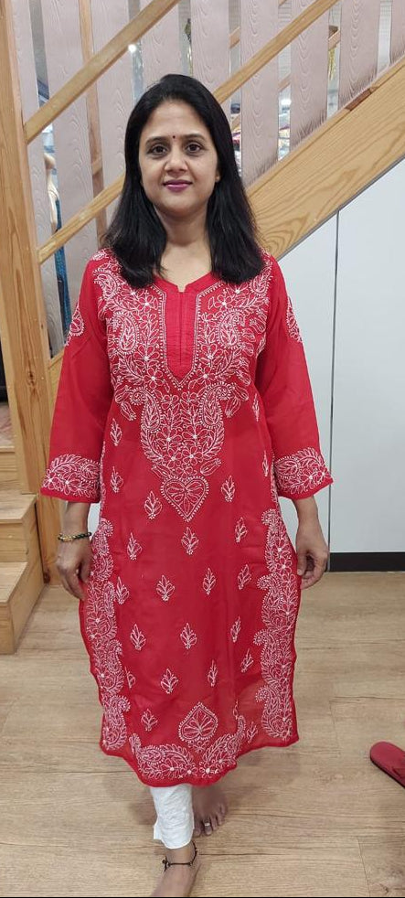Red Cotton Chikankari Long Kurta