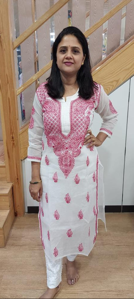 Magenta Kota Chikankari Long Kurta