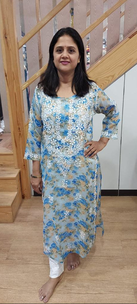 Blue Kota Chikankari Long Kurta