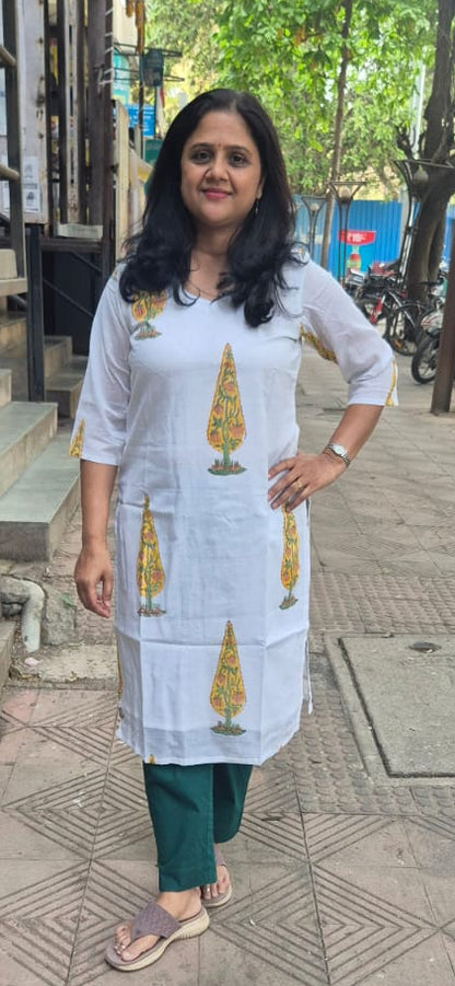 White Block Printed  Mul Cotton Kurta