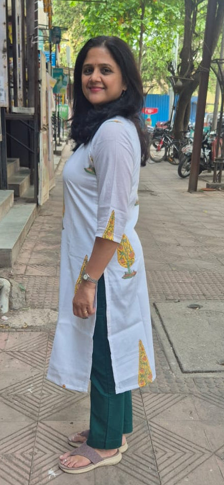 White Block Printed  Mul Cotton Kurta