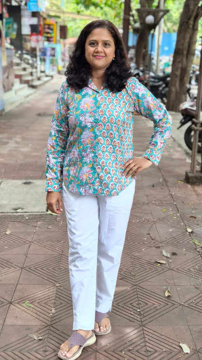 Rama Green Hand Block Printed Full Shirt