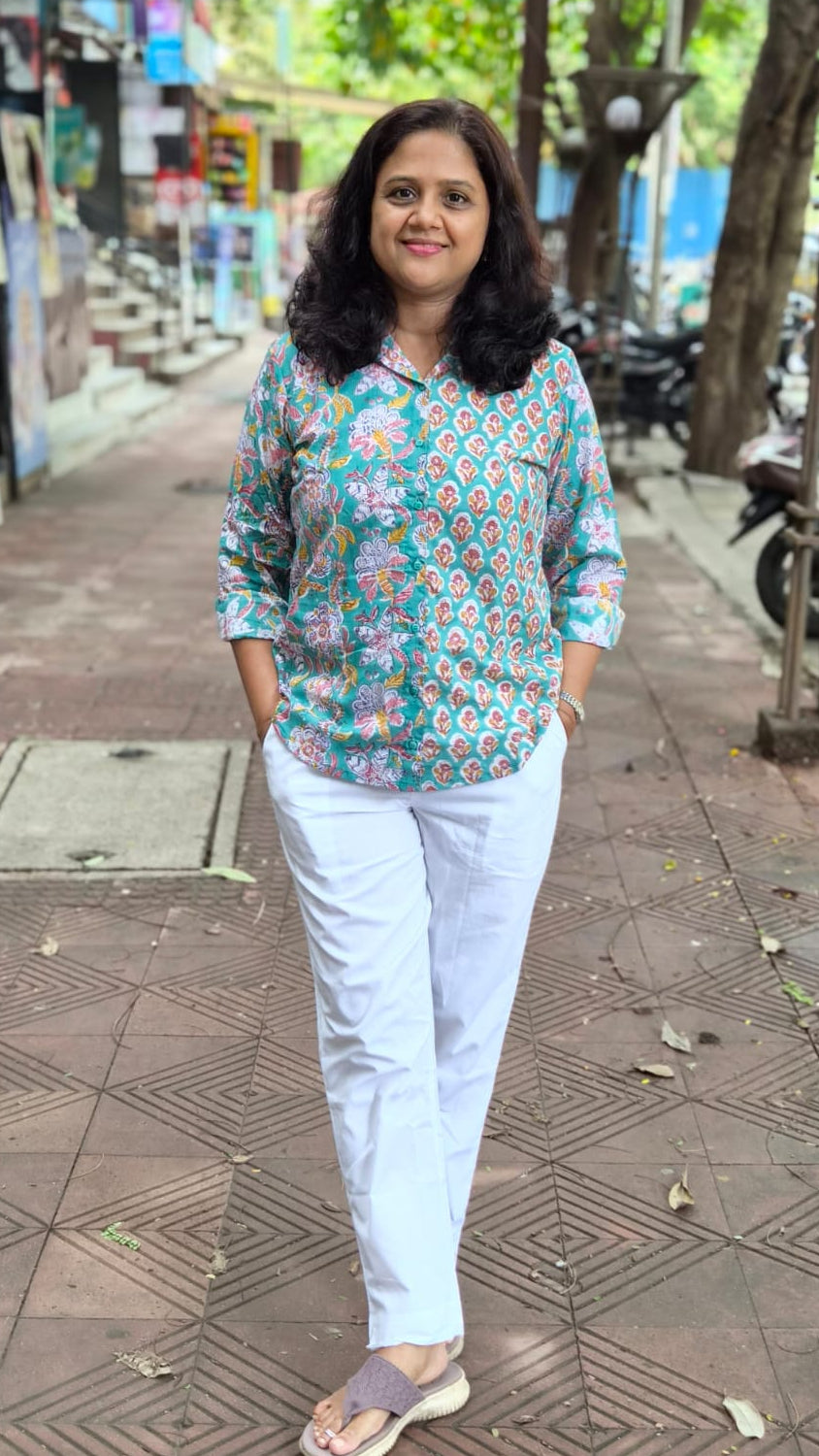 Rama Green Hand Block Printed Full Shirt