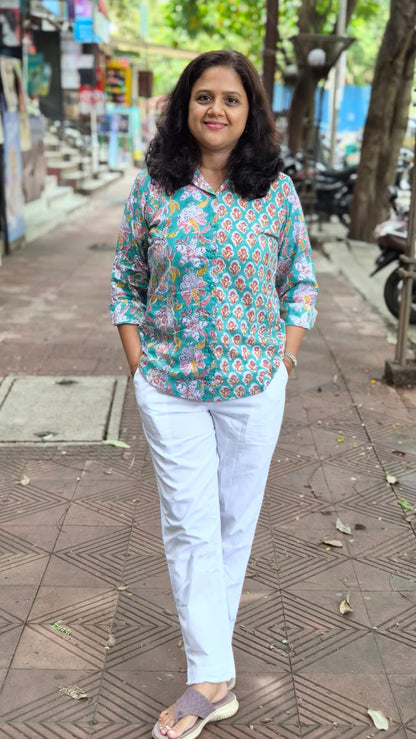 Rama Green Hand Block Printed Full Shirt
