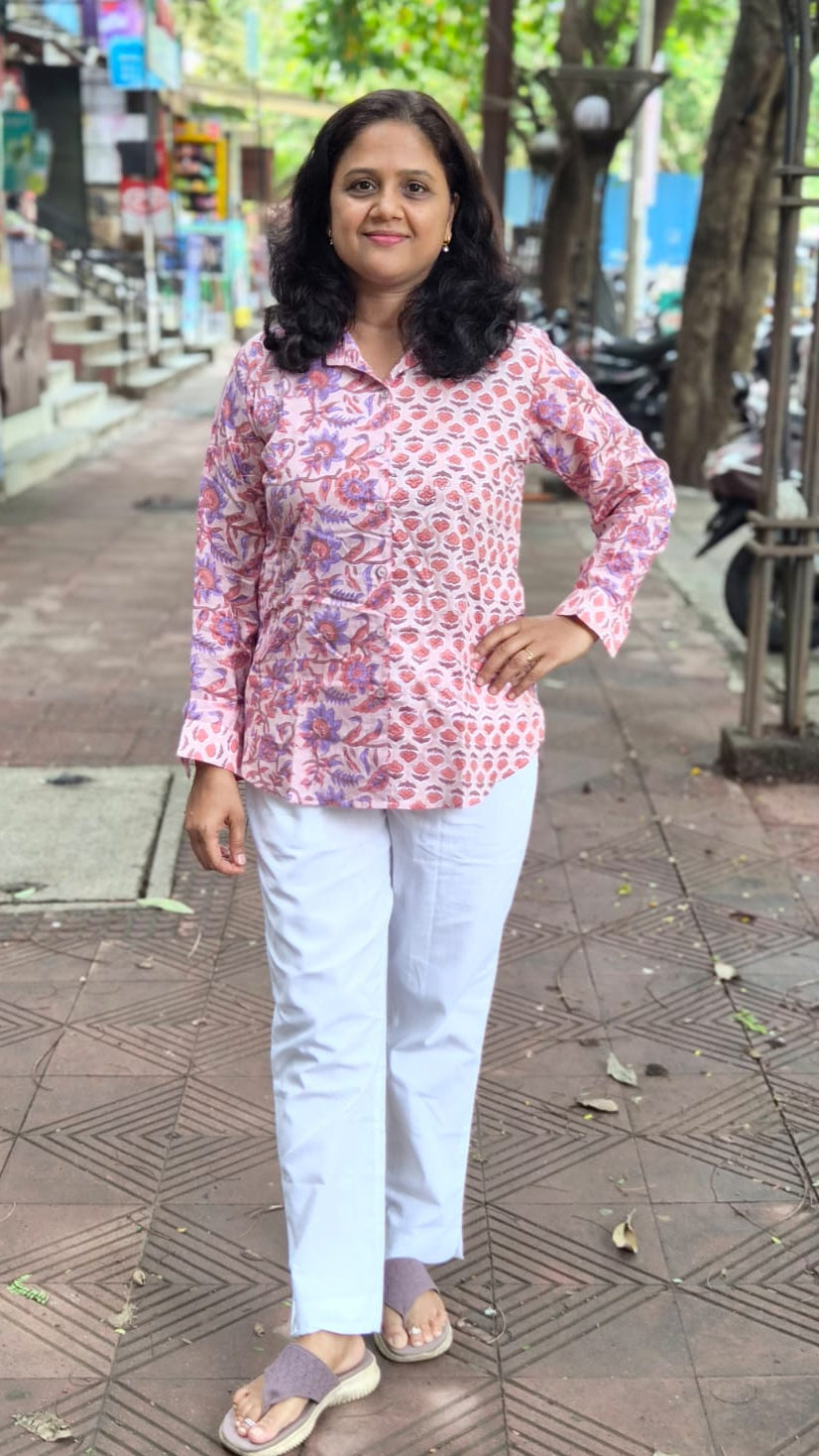 Peach Hand Block Printed Full Shirt