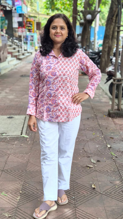 Peach Hand Block Printed Full Shirt