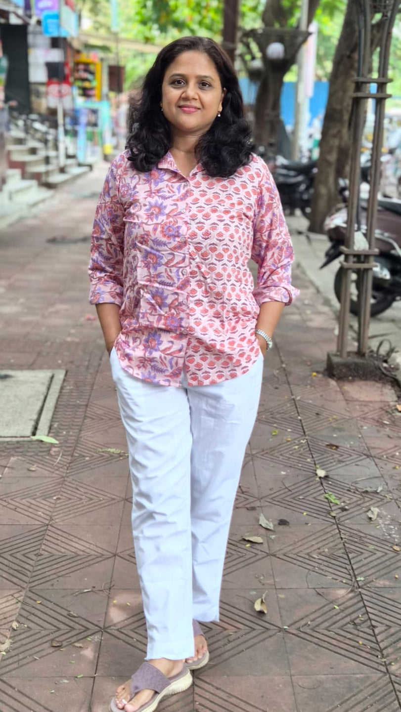Peach Hand Block Printed Full Shirt