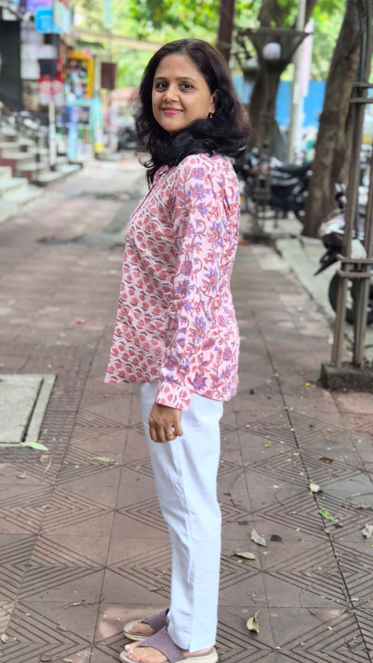 Peach Hand Block Printed Full Shirt