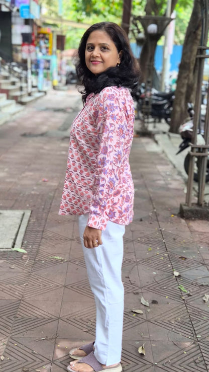 Peach Hand Block Printed Full Shirt