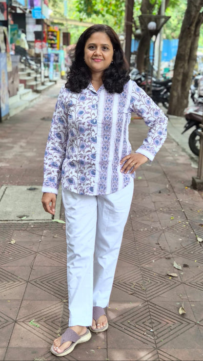 White Hand Block Printed Full Shirt