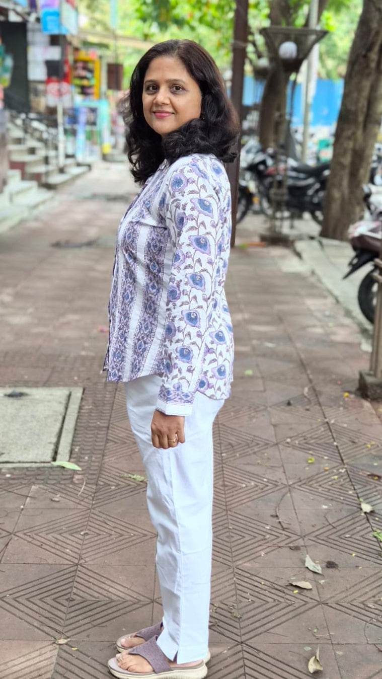 White Hand Block Printed Full Shirt
