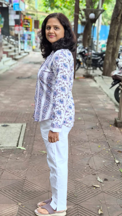 White Hand Block Printed Full Shirt