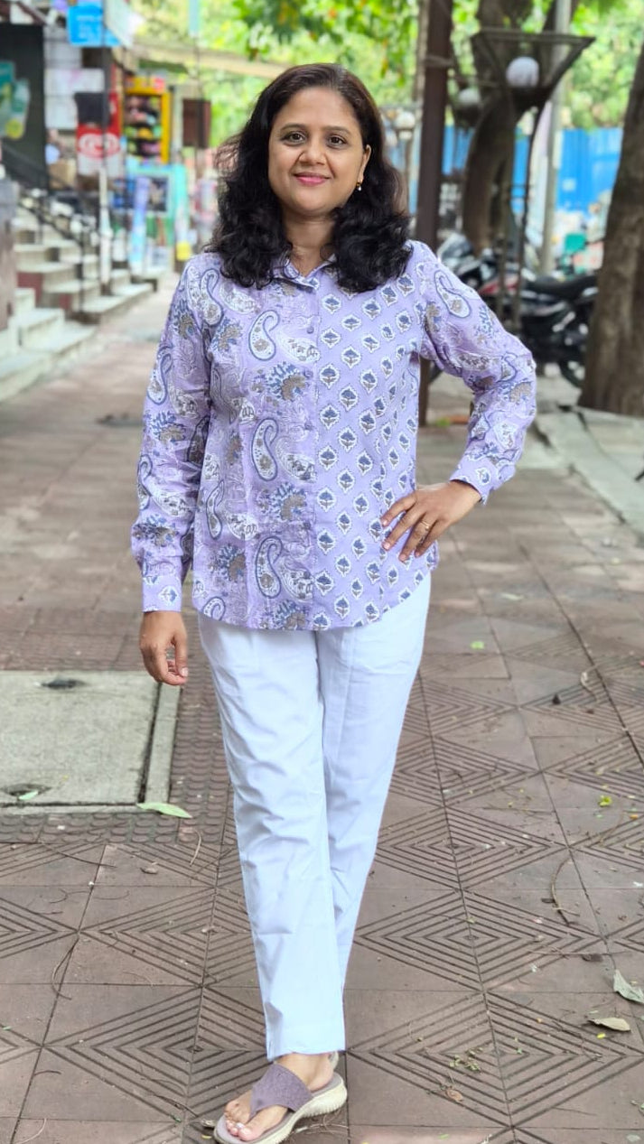 Lavender Hand Block Printed Full Shirt