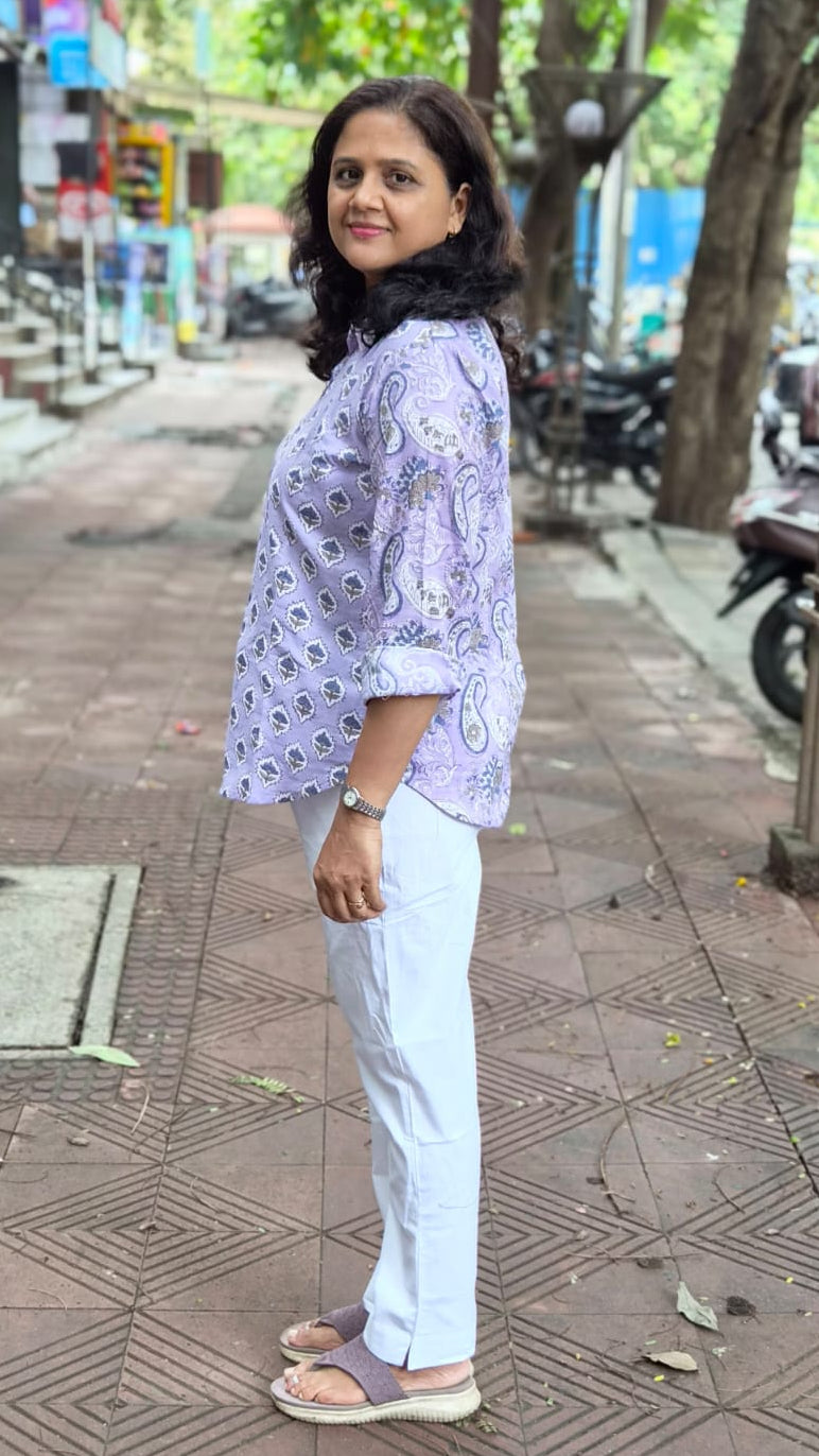 Lavender Hand Block Printed Full Shirt
