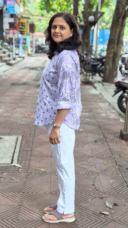 Lavender Hand Block Printed Full Shirt
