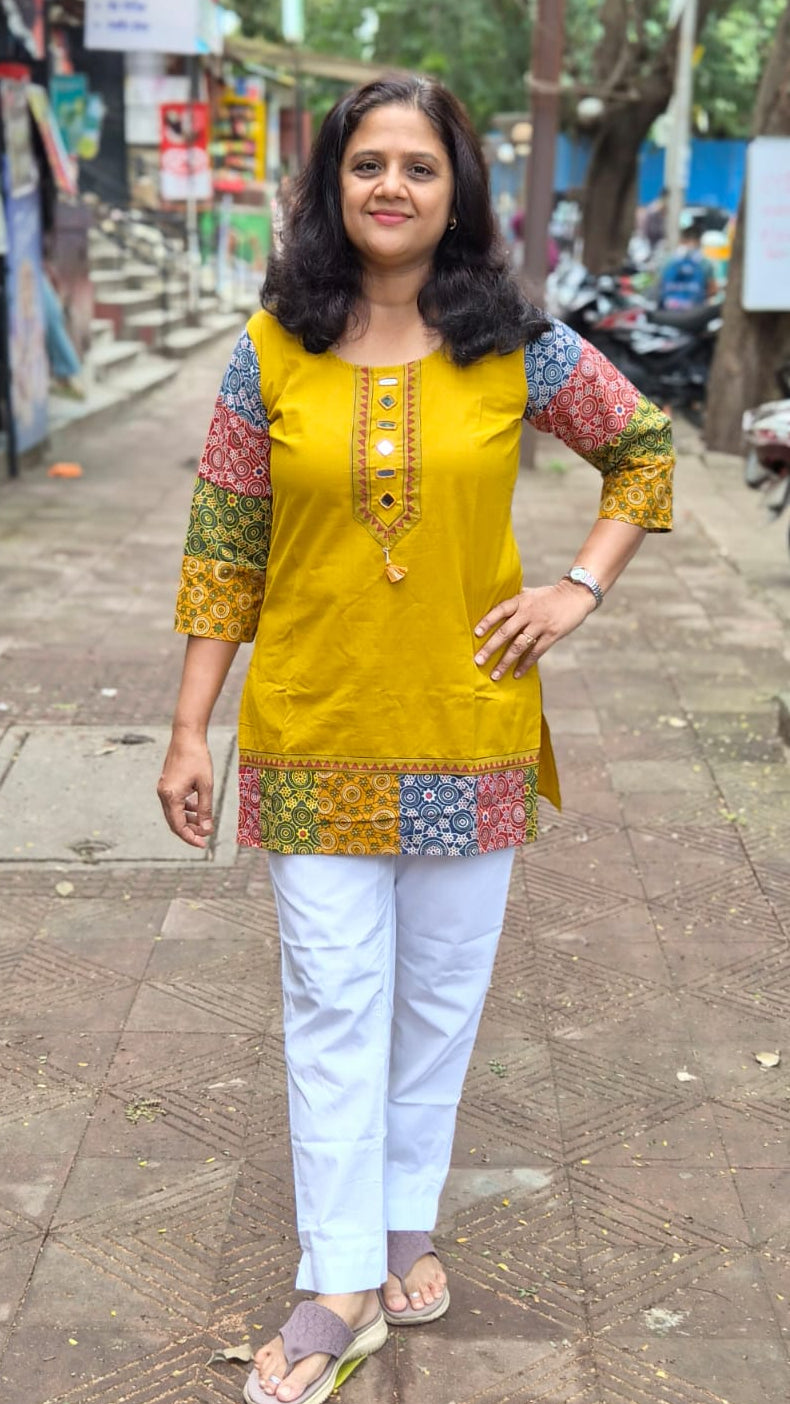 Mastered Yellow Pure Cotton Ajrakh Short Top
