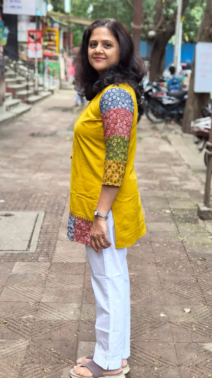Mastered Yellow Pure Cotton Ajrakh Short Top