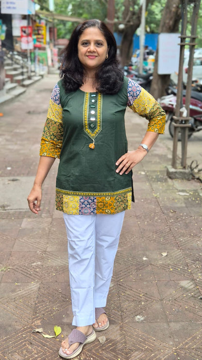 Bottle Green Pure Cotton Ajrakh Short Top