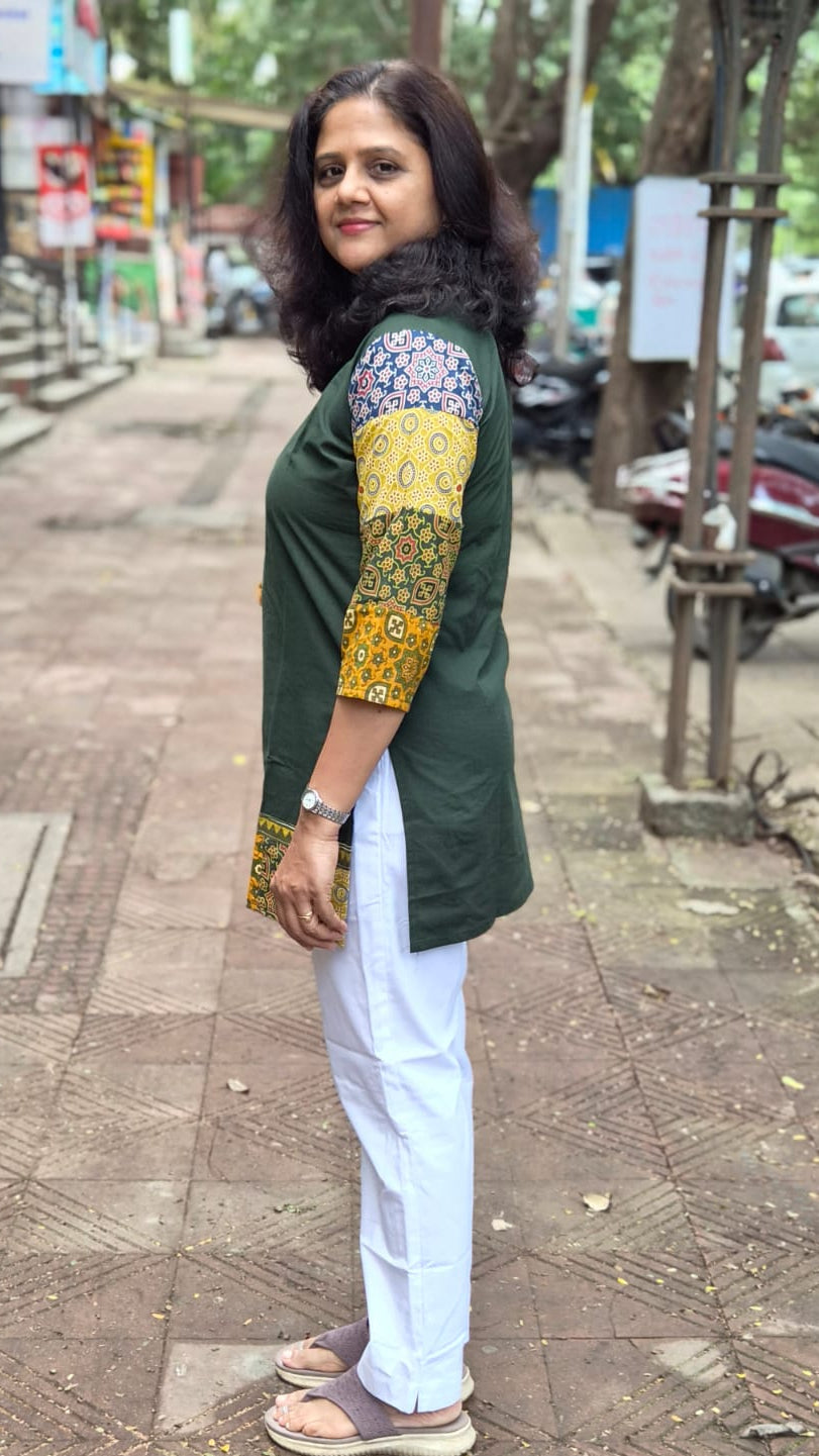 Bottle Green Pure Cotton Ajrakh Short Top