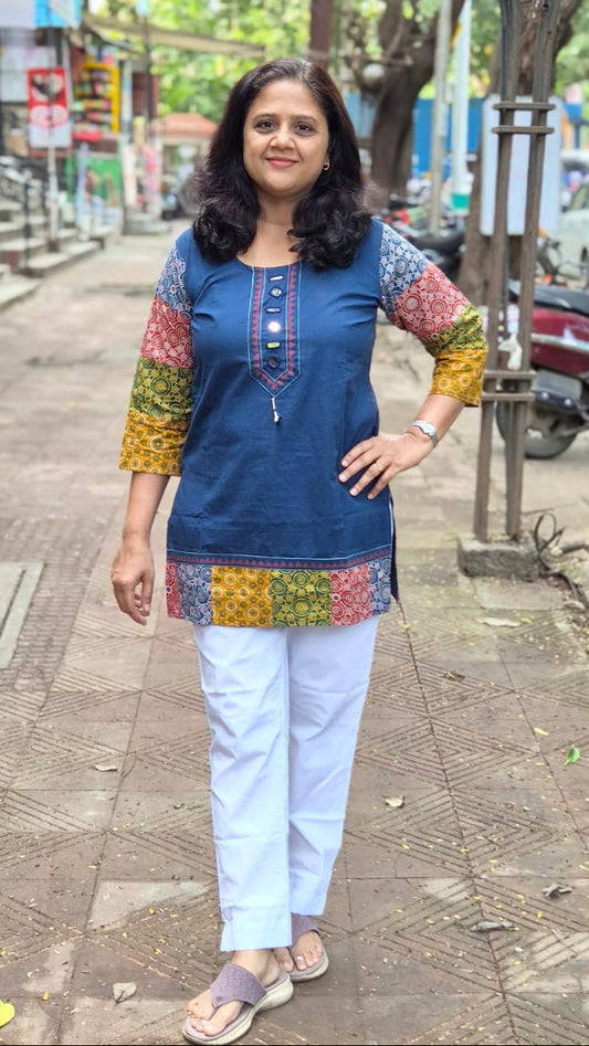 Navy Blue Pure Cotton Ajrakh Short Top