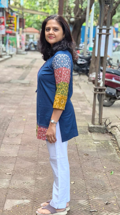 Navy Blue Pure Cotton Ajrakh Short Top
