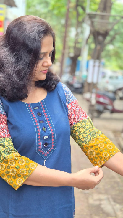 Navy Blue Pure Cotton Ajrakh Short Top