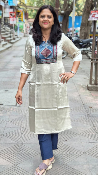 Off White Mashru Silk Long Kurta