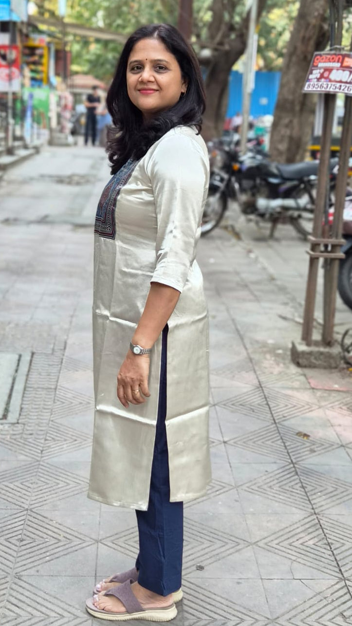 Off White Mashru Silk Long Kurta