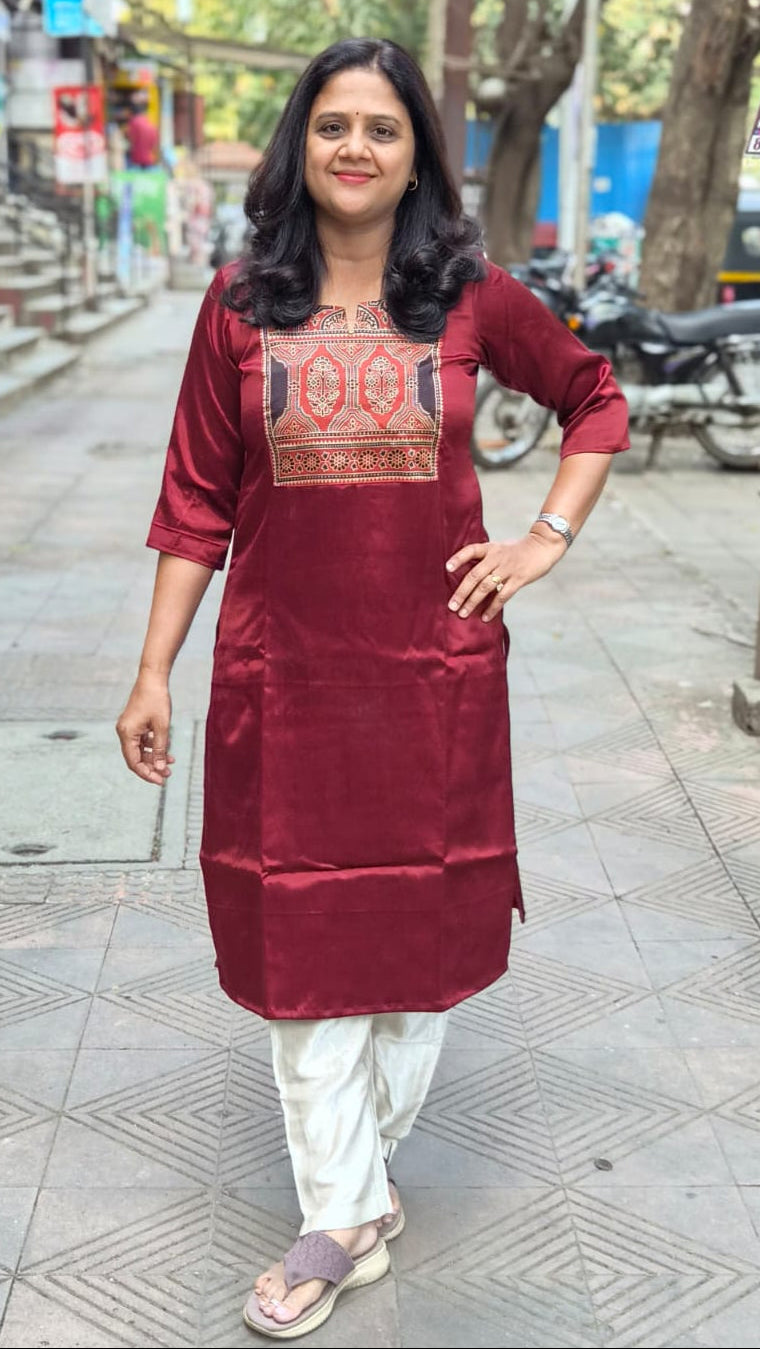 Maroon Mashru Silk Long Kurta