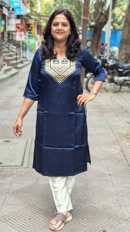 Navy Blue Mashru Silk Long Kurta