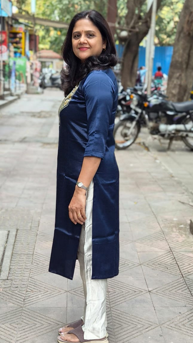 Navy Blue Mashru Silk Long Kurta