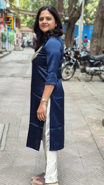 Navy Blue Mashru Silk Long Kurta