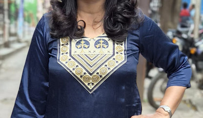 Navy Blue Mashru Silk Long Kurta