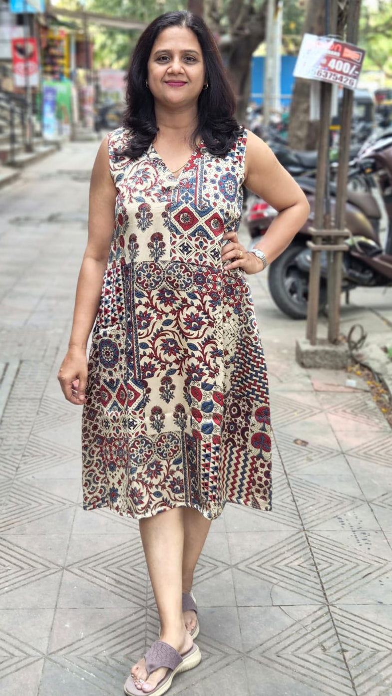 Off White Mashru Silk Handblock Ajrakh One Piece