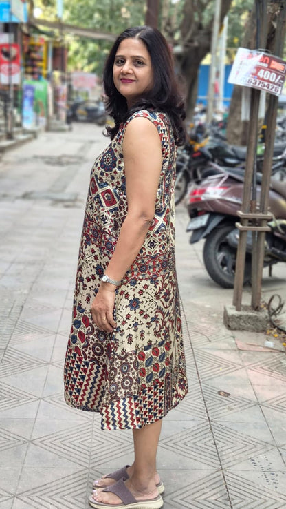Off White Mashru Silk Handblock Ajrakh One Piece
