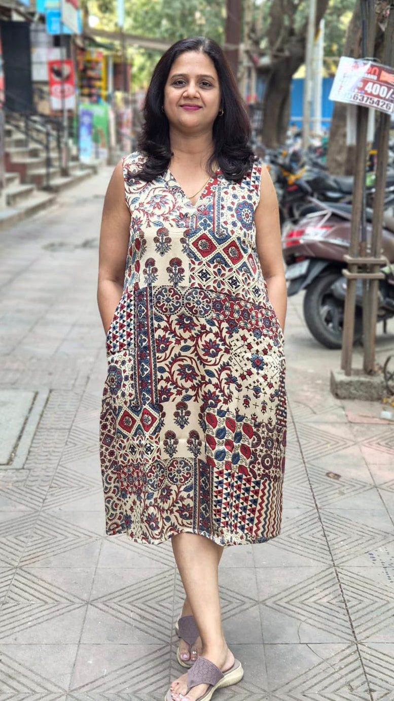 Off White Mashru Silk Handblock Ajrakh One Piece
